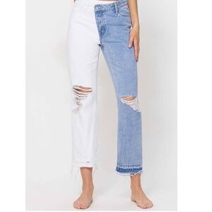 Vervet Two-Tone Split Jeans White & Blue Distressed Women's Jeans Button Fly 25
